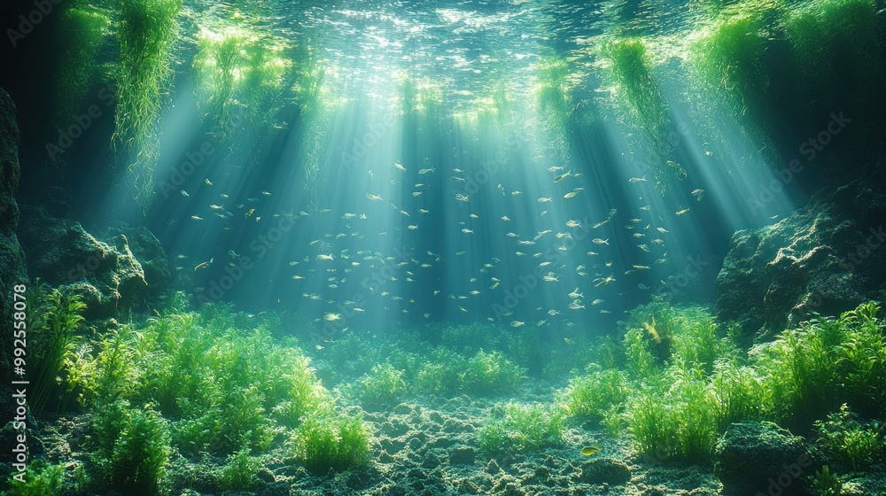 Fototapeta premium Underwater scene with sunlight, fish, and aquatic plants.