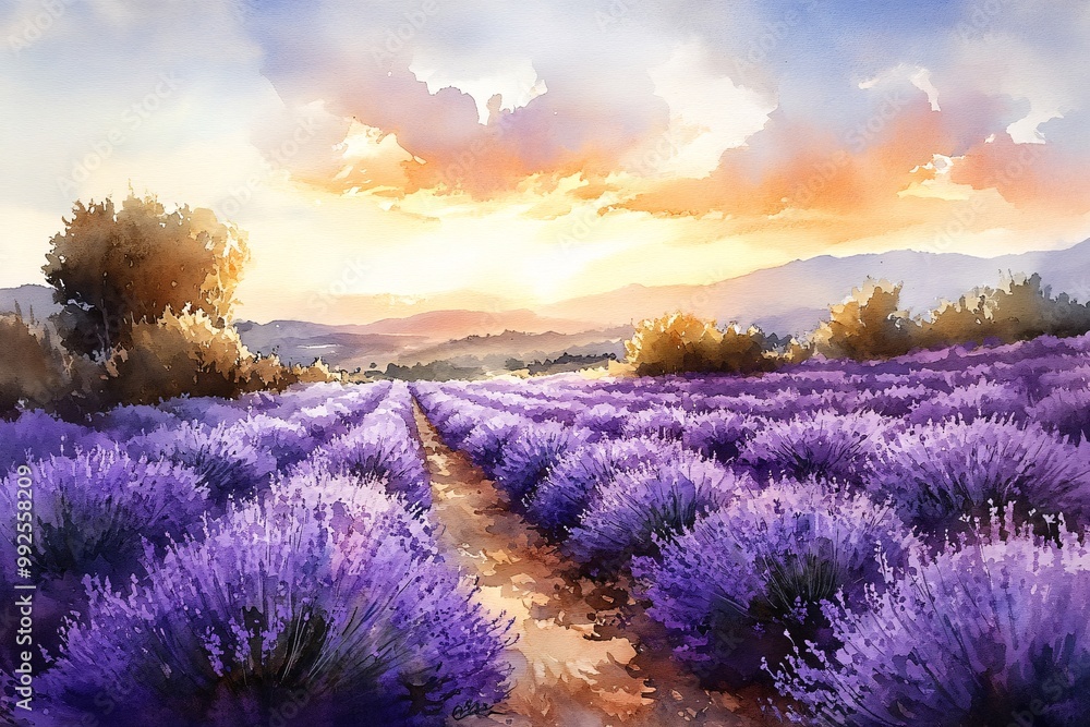Fototapeta premium Watercolor painting of a sunrise over a field of lavender, with soft light illuminating the spring blossoms.