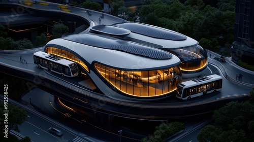 Futuristic Architecture: A futuristic building design with sleek curves and glowing windows, set against a backdrop of a bustling city, symbolizes progress, innovation, and urban evolution. 