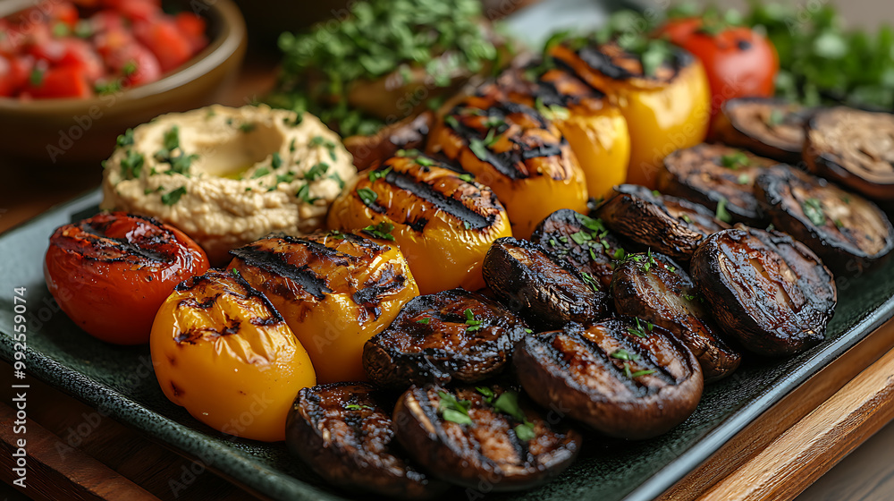 A colorful platter of grilled mushrooms, peppers, and eggplant A colorful platter of grilled mushrooms, peppers, and eggplant
