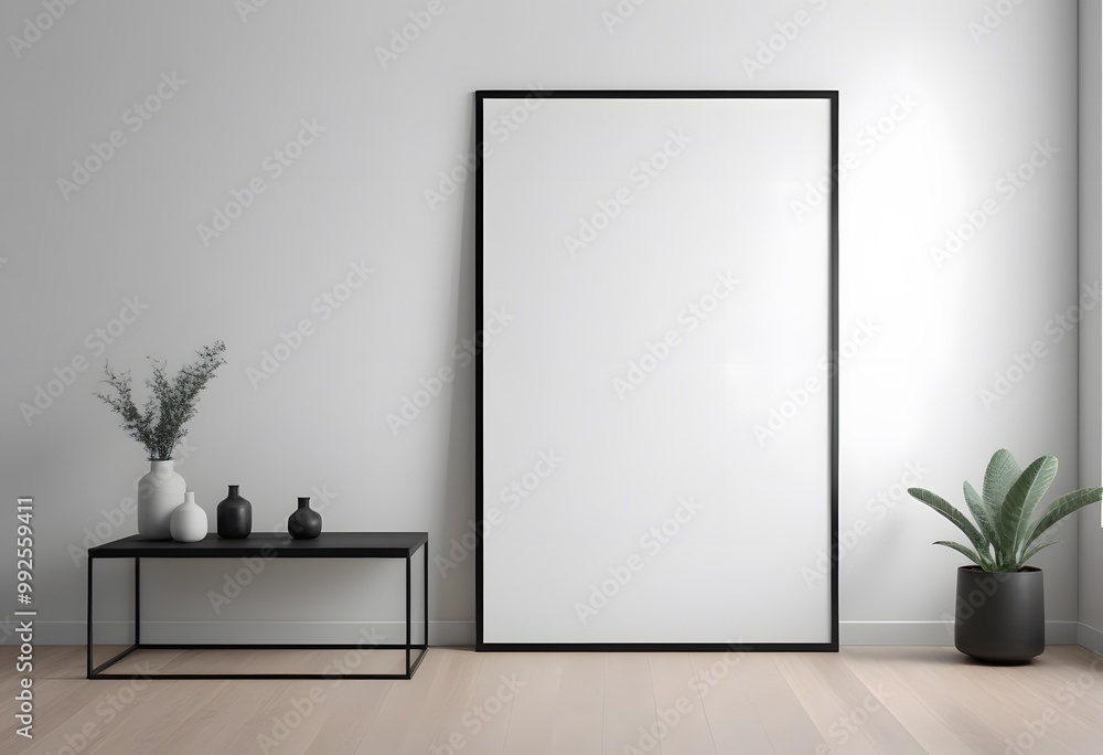 Minimalist interior with a large blank picture frame, small table with decorative vases, and a potted plant on a wooden floor. Minimalist interior with a large blank picture frame, small table with decorative vases, and a potted plant on a wooden floor.