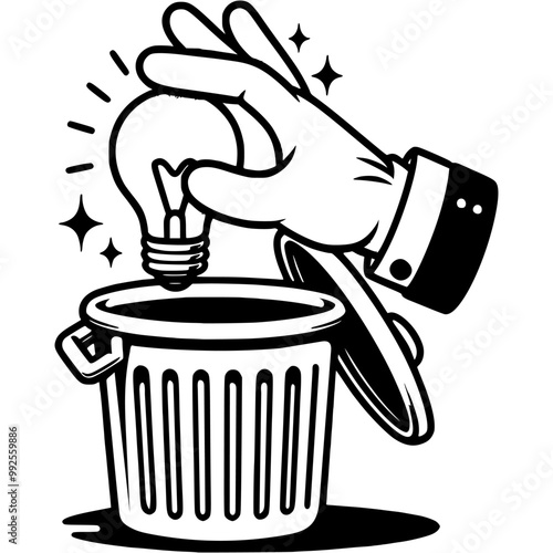 Human hand disposing of used electric lamp into trash bin in monochrome. Simple minimalistic vector in black ink drawing on transparent background