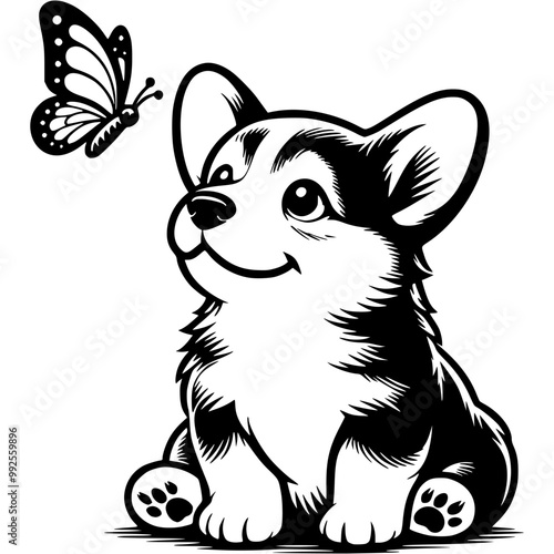 Corgi puppy watches a fluttering butterfly closely in monochrome. Simple minimalistic vector in black ink drawing on transparent background