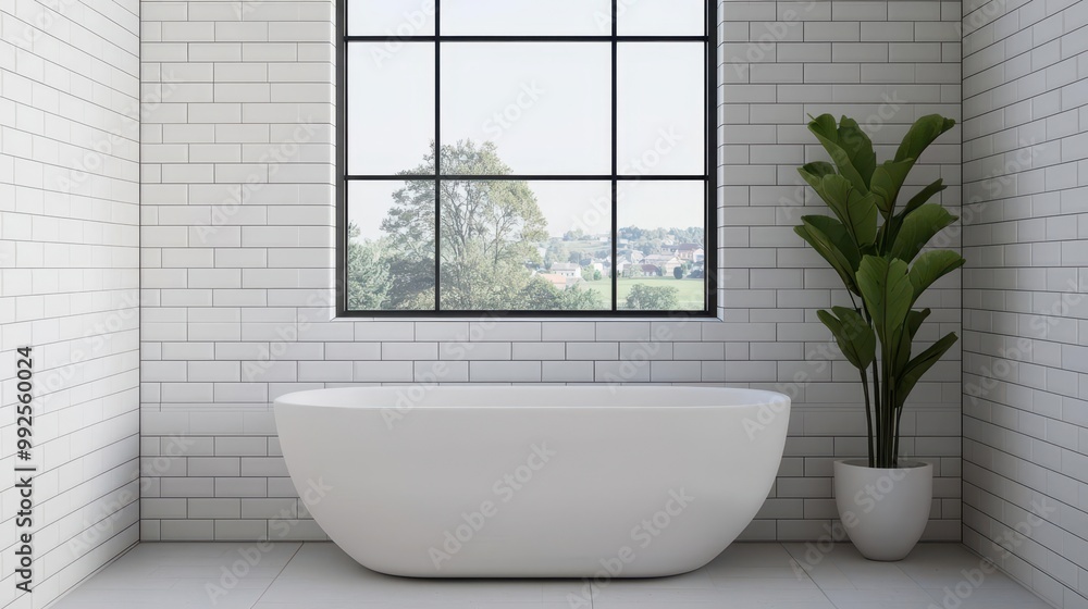 Compact container bathroom, white tiles, large window with a view of a tranquil village landscape Compact container bathroom, white tiles, large window with a view of a tranquil village landscape