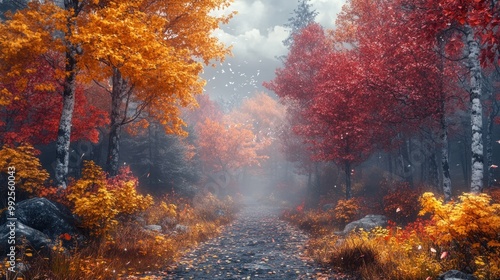 A serene autumn landscape with vibrant foliage and a misty path.