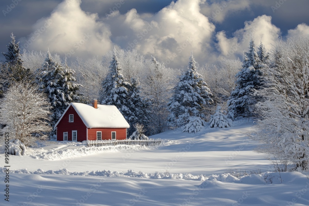Snowy Landscape with Cabin, Snow-Covered Trees, and Cloudy Sky in Winter Wonderland Snowy Landscape with Cabin, Snow-Covered Trees, and Cloudy Sky in Winter Wonderland
