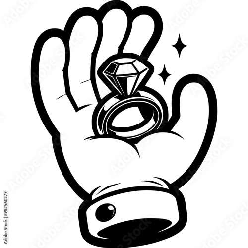 Hand of lover gives engagement ring with large diamond in monochrome. Simple minimalistic vector in black ink drawing on transparent background