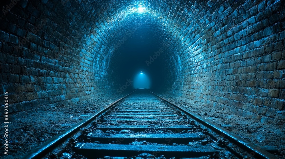 Obraz premium A mysterious brick tunnel with a faint light at the end, leading to an unknown destination.