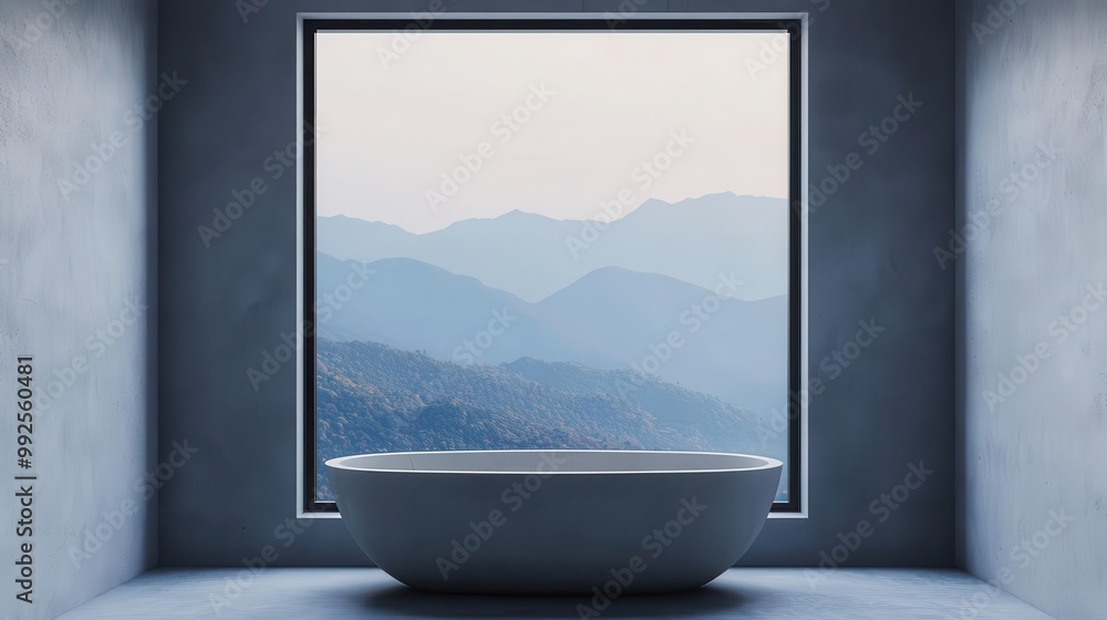 Fototapeta premium Minimal container bathroom with concrete countertops, large window facing a misty mountain range, serene