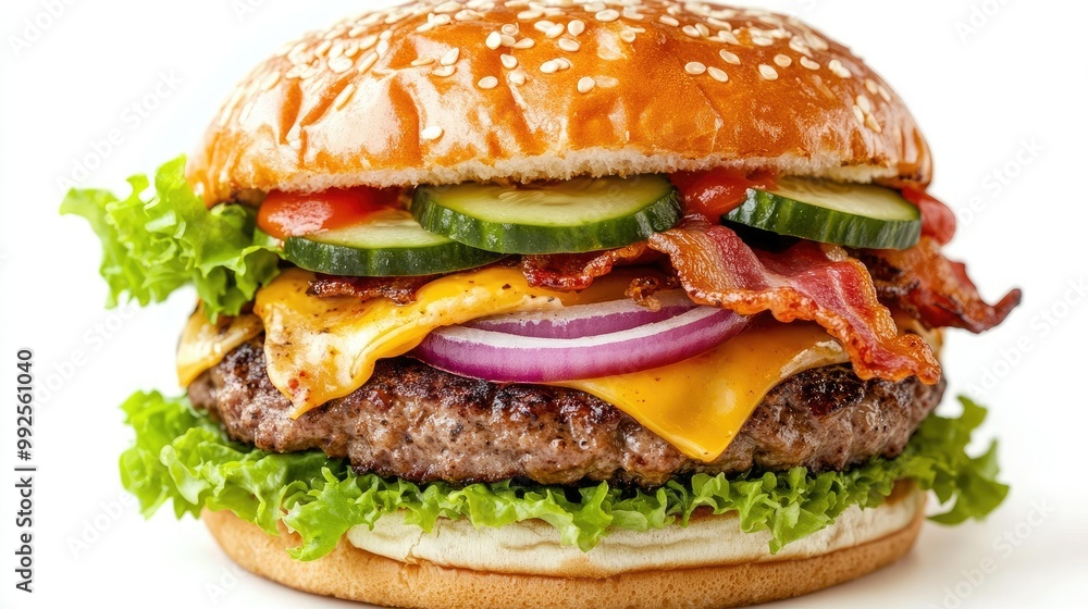 Juicy burger with layers of cheese, bacon, onion, cucumbers, tomatoes, and lettuce, isolated on a white background. Juicy burger with layers of cheese, bacon, onion, cucumbers, tomatoes, and lettuce, isolated on a white background.