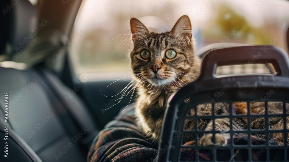 A cat carrier placed in the backseat of a car for a trip. A cat carrier placed in the backseat of a car for a trip.