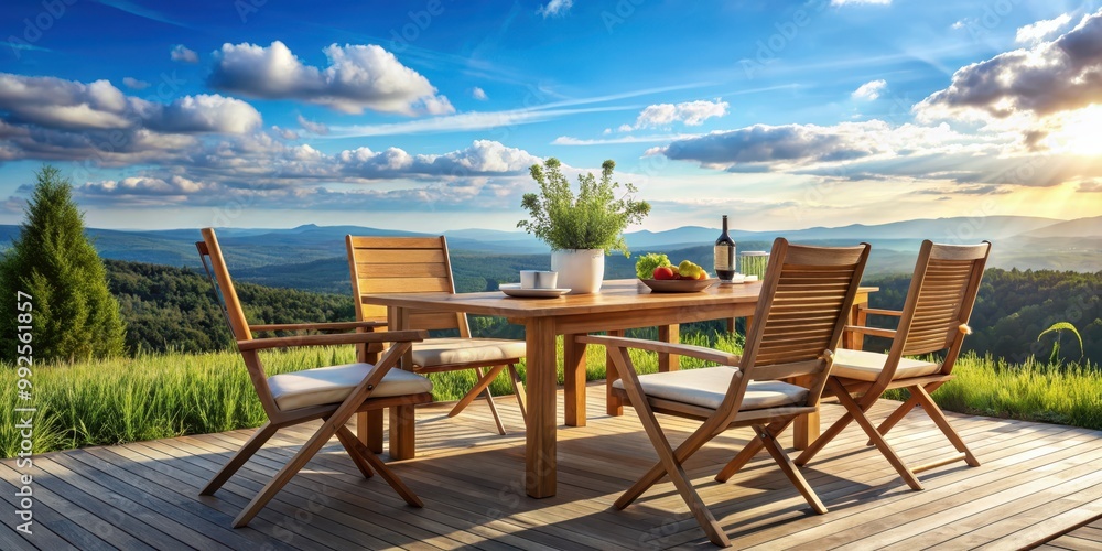 Outdoor dining set with a wooden chair and table under dreamy skies , al fresco, relaxation, nature, sunlight, serene Outdoor dining set with a wooden chair and table under dreamy skies , al fresco, relaxation, nature, sunlight, serene