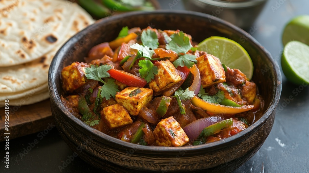 Kadai Paneer with bell peppers and onions, served in a rustic kadai bowl with a side of chapati and garnished with cilantro and lime. Kadai Paneer with bell peppers and onions, served in a rustic kadai bowl with a side of chapati and garnished with cilantro and lime.