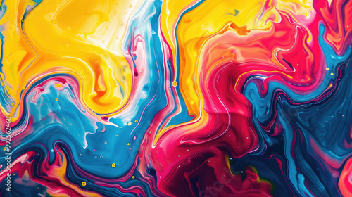 Vibrant abstract background featuring fusion of colors, including yellow, red, blue, and pink, creating rhythmic and flowing visual experience