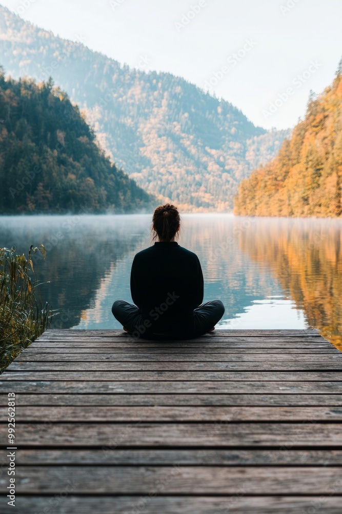 A Person Sits Cross-Legged On A Wooden Deck Overlooking A Tranquil Lake. The Morning Mist Rises Gently From The Water A Person Sits Cross-Legged On A Wooden Deck Overlooking A Tranquil Lake. The Morning Mist Rises Gently From The Water