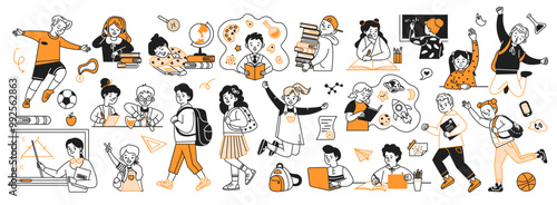 Students and teachers with supplies doodle line and color illustration set. School education process linear sketch vector people collection