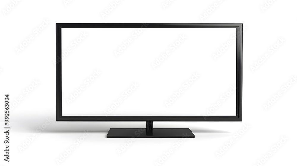 A sleek, modern flat-screen television with a minimalist design, displaying a blank white screen, ideal for showcasing content. A sleek, modern flat-screen television with a minimalist design, displaying a blank white screen, ideal for showcasing content.