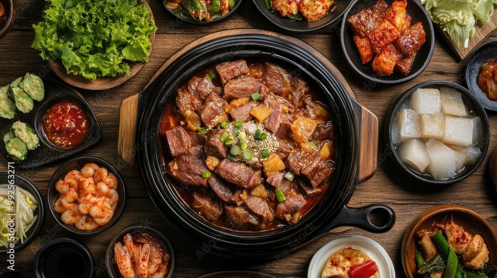 Korean braised pork with a rich sauce, surrounded by slush, salted shrimp, and a variety of side dishes on a rustic wooden table, ready for a hearty meal Korean braised pork with a rich sauce, surrounded by slush, salted shrimp, and a variety of side dishes on a rustic wooden table, ready for a hearty meal