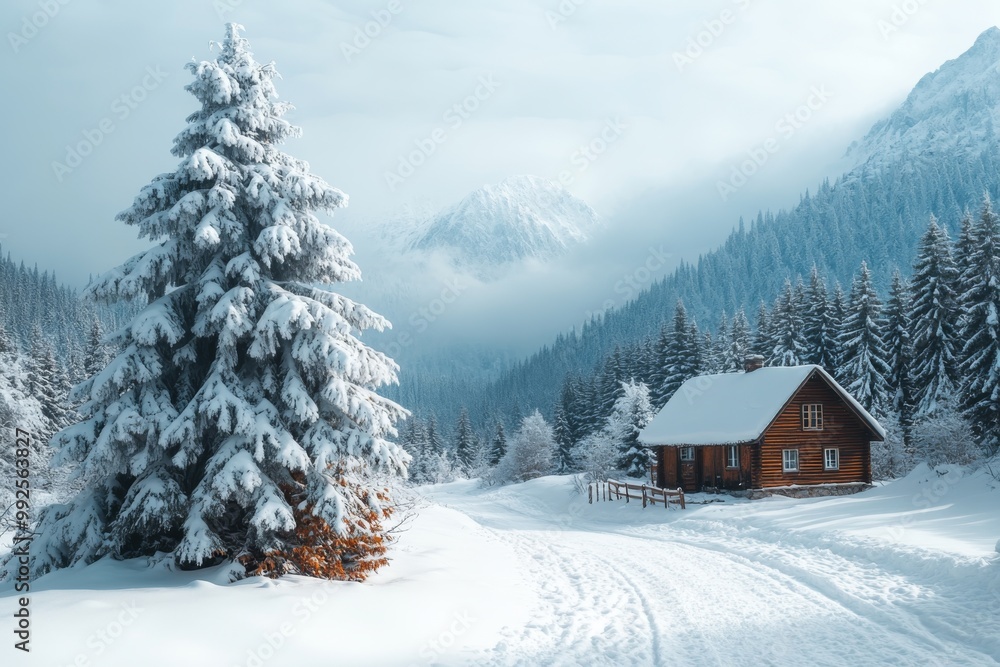 Snowy Landscape with Cabin, Snow-Covered Trees, and Cloudy Sky in Winter Wonderland Snowy Landscape with Cabin, Snow-Covered Trees, and Cloudy Sky in Winter Wonderland