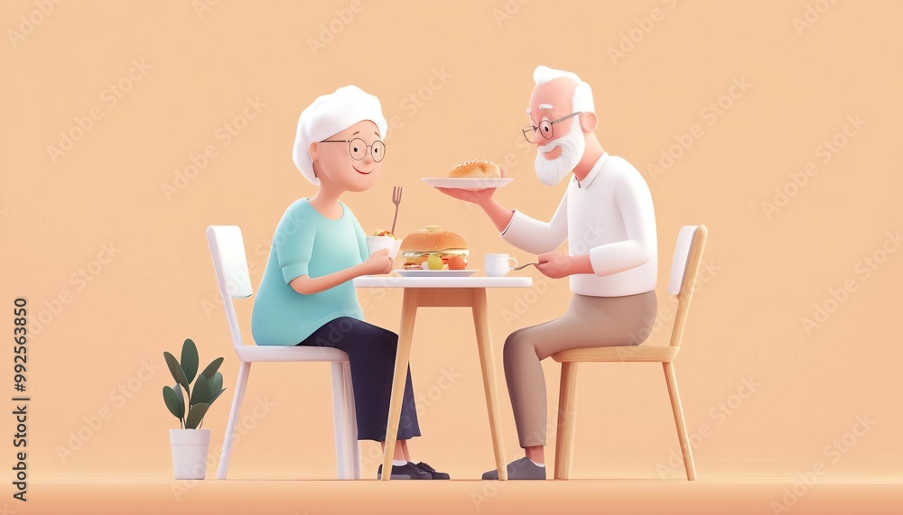 Elderly person and young caregiver sharing a meal, flat design, side view, caregiving theme, 3D render, vivid Elderly person and young caregiver sharing a meal, flat design, side view, caregiving theme, 3D render, vivid