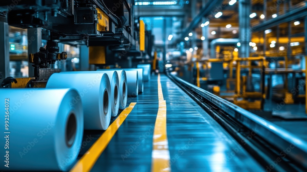 Close-up of printing line in paper and cardboard factory with white roll papers on industrial machine in motion Close-up of printing line in paper and cardboard factory with white roll papers on industrial machine in motion