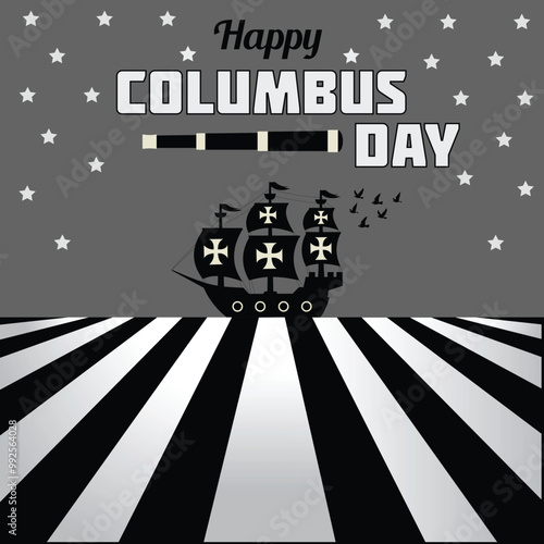 Black and white illustration design for themed greeting card celebrating Columbus Day. Perfect for collecting assets, templates, background illustrations, greeting cards, etc