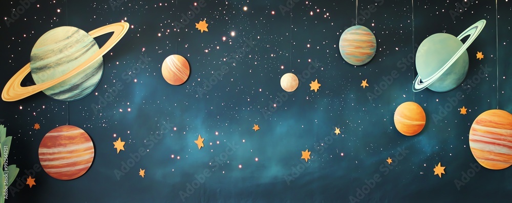 Fototapeta premium Colorful illustration of planets and stars in outer space, depicting a whimsical cosmic scene for educational or decorative use.