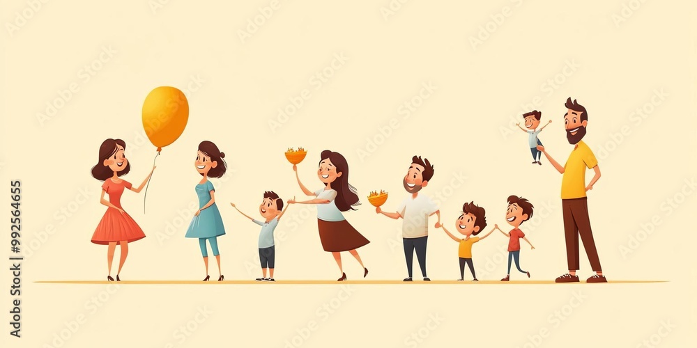 Fototapeta premium Multigenerational family celebrating a cultural festival together, flat design, side view, family theme, cartoon drawing, Splitcomplementary color scheme
