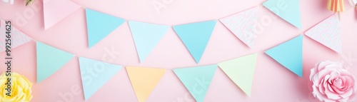 Colorful pastel bunting decoration with roses on a light pink background, perfect for celebrations, parties, and festive events.