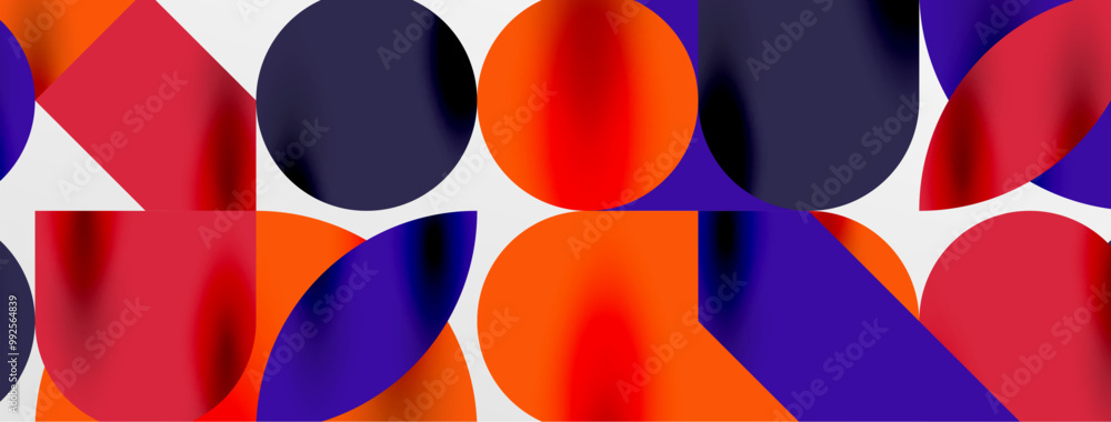 Mosaic geometric elements. Colorful circles, round geometric shapes and lines with shadow 3d effects. Simple forms abstract background for wallpaper, banner, template or landing Mosaic geometric elements. Colorful circles, round geometric shapes and lines with shadow 3d effects. Simple forms abstract background for wallpaper, banner, template or landing