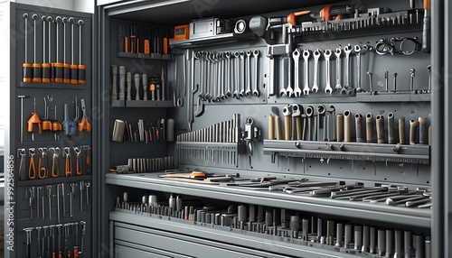 Modern gray tool room featuring an organized tool bar for efficient workspace functionality photo