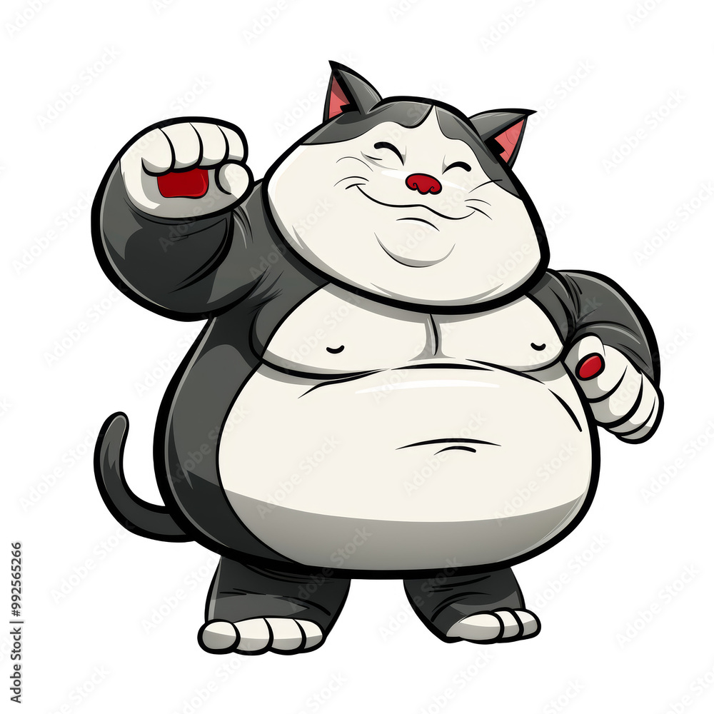 A cartoon illustration of a smiling, overweight, muscular cat. A cartoon illustration of a smiling, overweight, muscular cat.