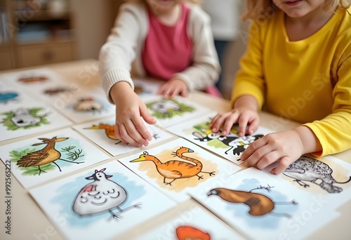 Two children playing a memory card game together at home.