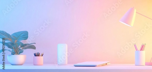 Techfilled home office with multiple devices and smart assistants, flat design, front view, futuristic theme, 3D render, colored pastel photo