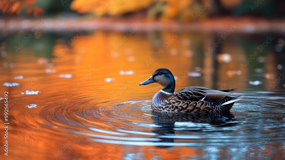 Obraz premium A duck swims peacefully in a vibrant, autumn-colored pond.