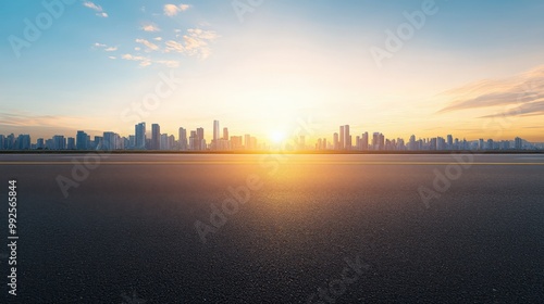 Stunning sunset view over a city skyline with vibrant colors illuminating the sky and reflecting on a quiet road.