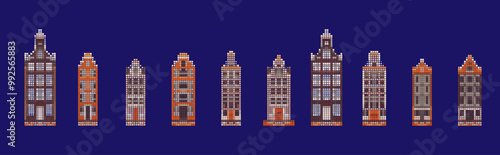 pixel scandinavian town houses colorful vector set.