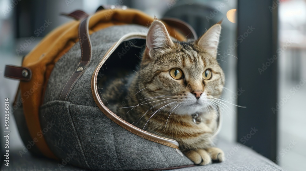 A stylish cat carrier bag with a curious cat inside. A stylish cat carrier bag with a curious cat inside.