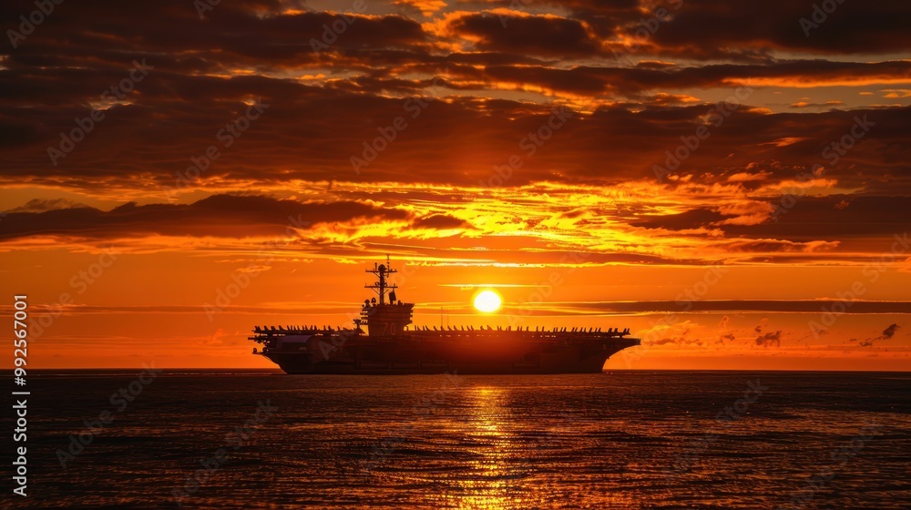 A sunset shot with an aircraft carrier silhouetted against the horizon. A sunset shot with an aircraft carrier silhouetted against the horizon.