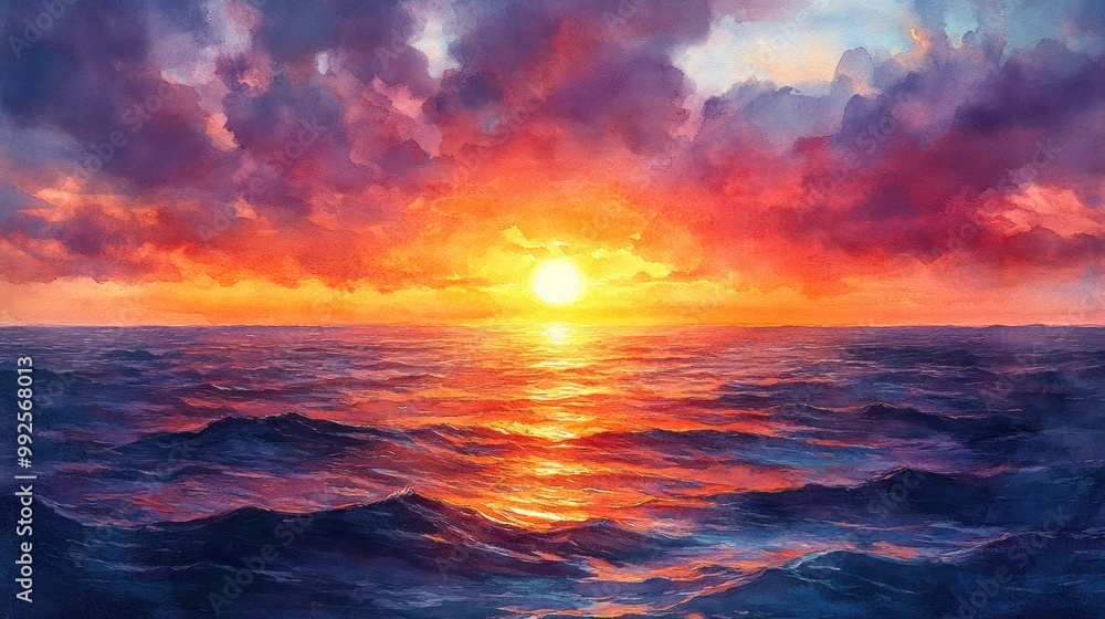 A vibrant sunset over the ocean, showcasing colorful clouds and waves. A vibrant sunset over the ocean, showcasing colorful clouds and waves.