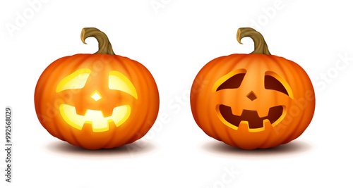 Carved happy pumpkins lit and dark realistic color icons set. Traditional Halloween decorations exuding spooky vibes 3d characters illustrations