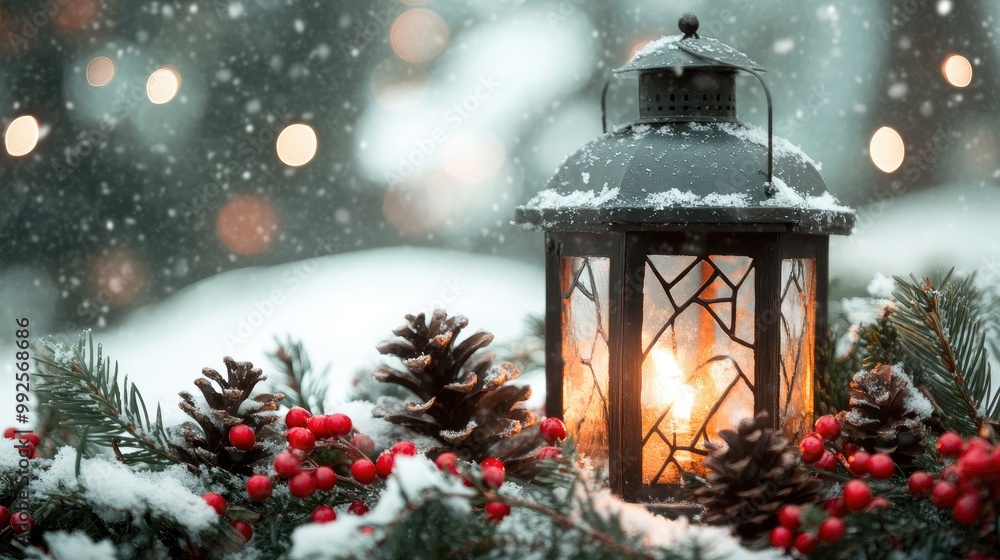 Lit Christmas lantern surrounded by festive pine cones and berries outdoors. Snow falls gently, with space for holiday greetings in the sky. Lit Christmas lantern surrounded by festive pine cones and berries outdoors. Snow falls gently, with space for holiday greetings in the sky.
