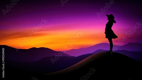 Silhouette of Hope: A lone figure stands atop a mountain, silhouetted against a vibrant sunset, embodying resilience, freedom, and the pursuit of dreams. 