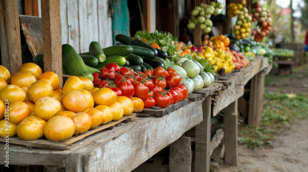A farmer's market stall with fresh vegetables and fruits, showing the abundance and simplicity of rural life A farmer's market stall with fresh vegetables and fruits, showing the abundance and simplicity of rural life