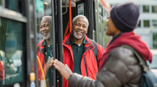 A bus driver greeting passengers as they enter the vehicle.