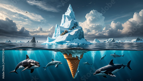 A big ice cream cone floats in the ocean, surrounded by dolphins, in this fantasy wallpaper image. photo