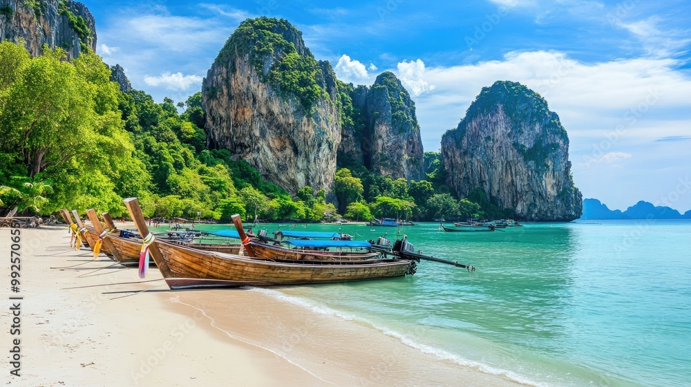 Obraz premium Long-tail boats docked on the white sandy shores of a tropical beach in Krabi, with towering limestone cliffs and lush vegetation in the distance