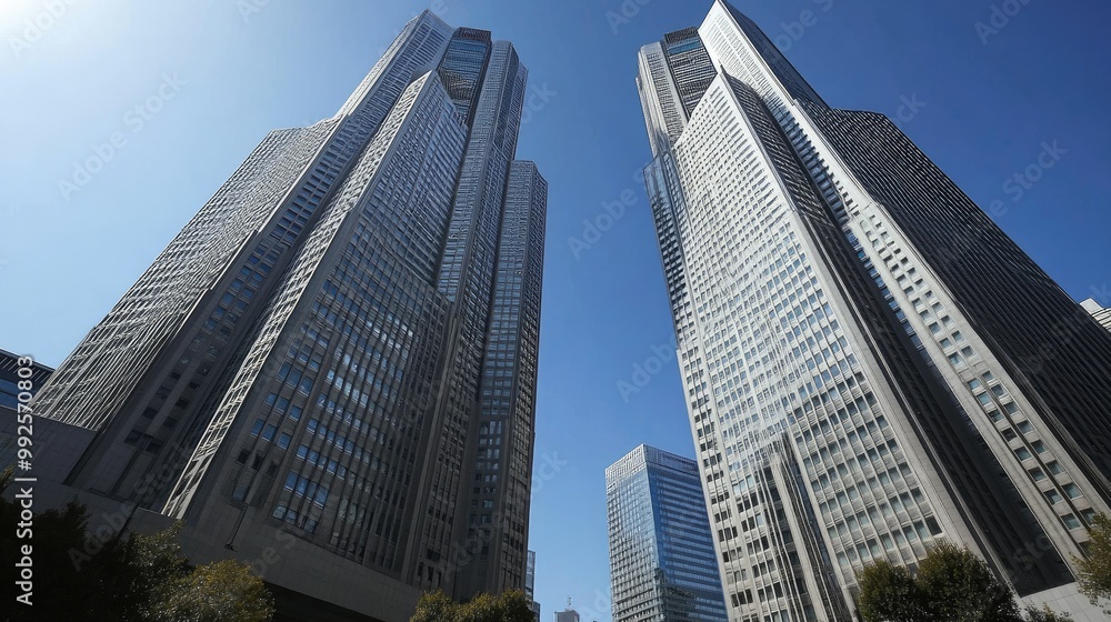 Looking up at Shinjuku's skyscrapers, the modern architecture and sleek designs contrast with the open sky in this iconic Tokyo district. Looking up at Shinjuku's skyscrapers, the modern architecture and sleek designs contrast with the open sky in this iconic Tokyo district.