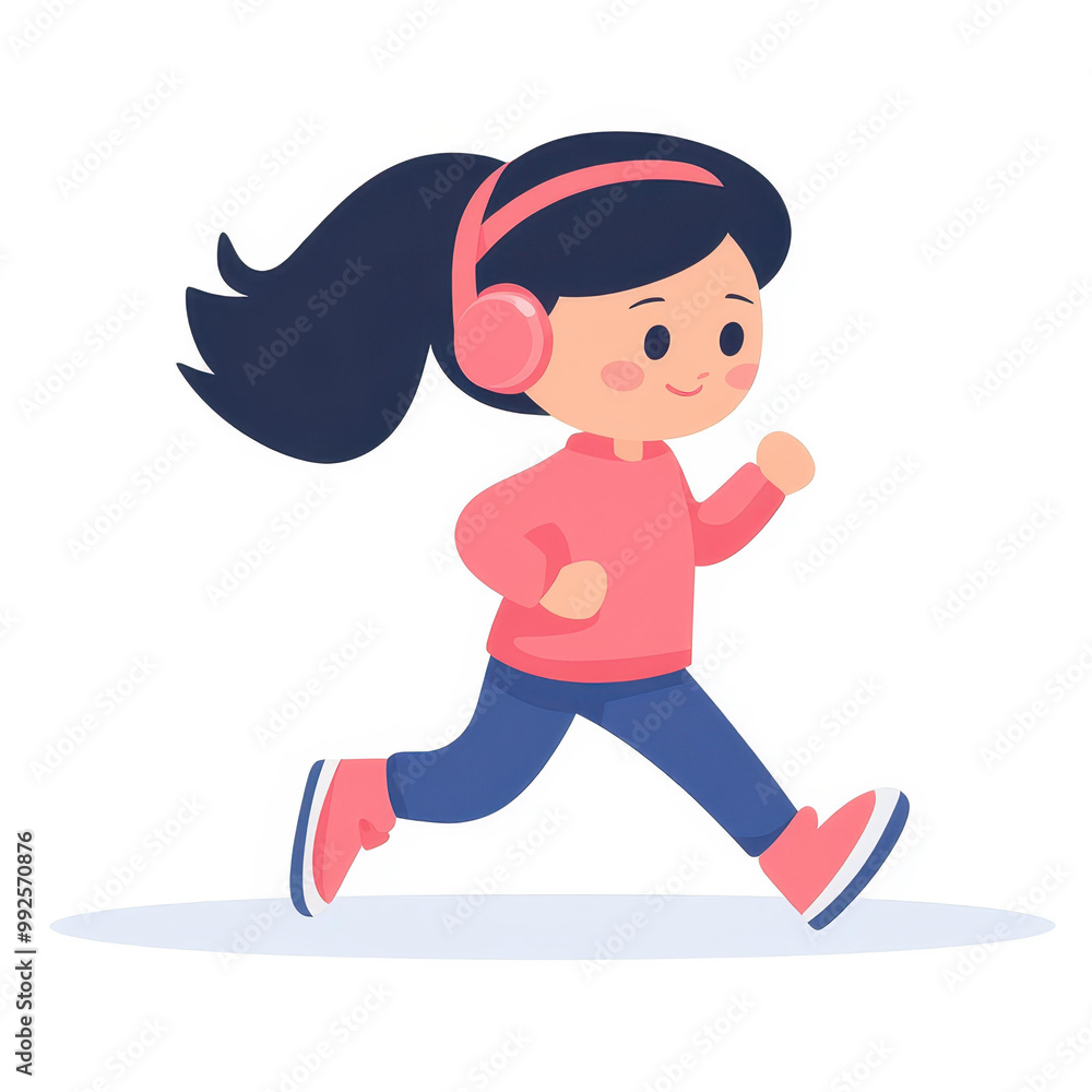 A vibrant flat illustration of a girl jogging while enjoying her music, embodying health and joy against a clean backdrop. A vibrant flat illustration of a girl jogging while enjoying her music, embodying health and joy against a clean backdrop.