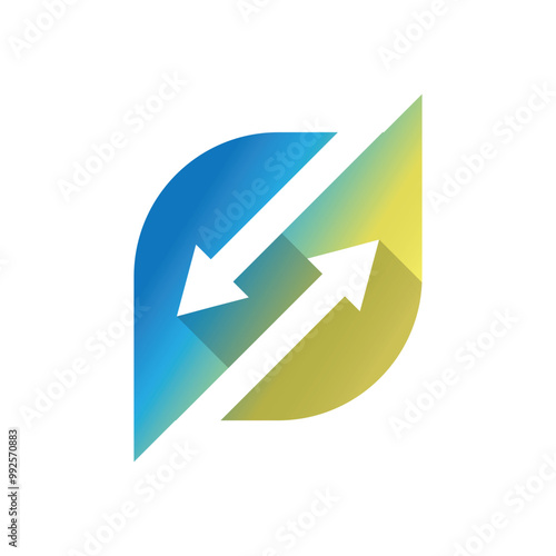 This design is a simple flat logo of a letter S in blue green yellow gradient with two arrows facing opposite